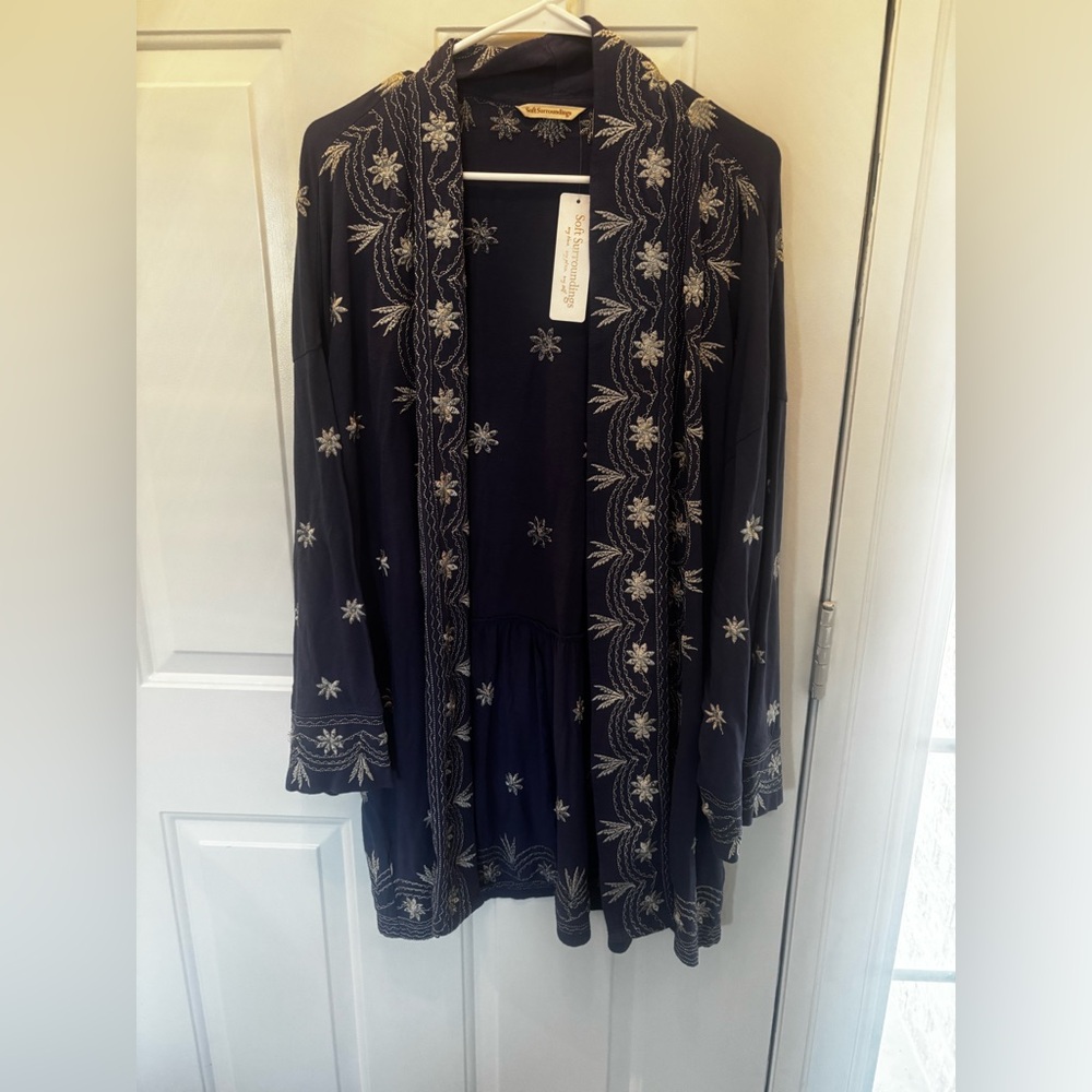 Soft Surroundings Midnight Blue Open Cotton Cardigan with Ivory Detailing XL NWT